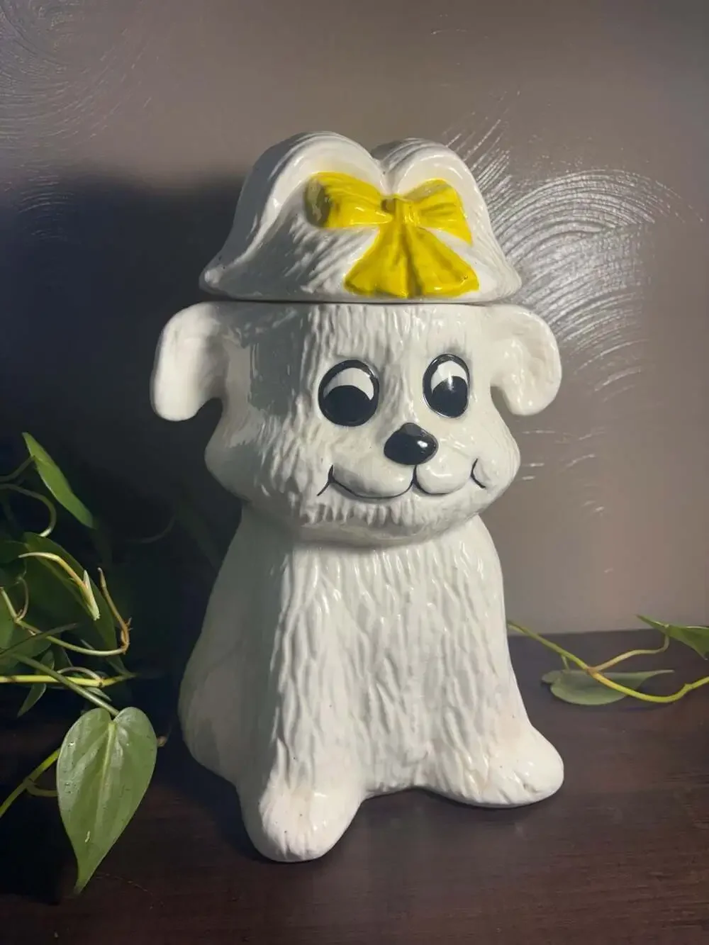 Vintage Doranne White Dog Cookie Jar Smiling Big Eyes Yellow Bow 13